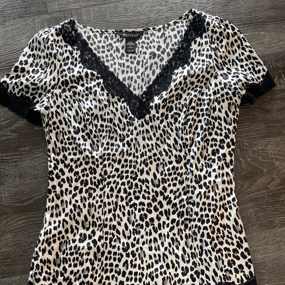 White House Black Market Fitted Silk Black and White Blouse